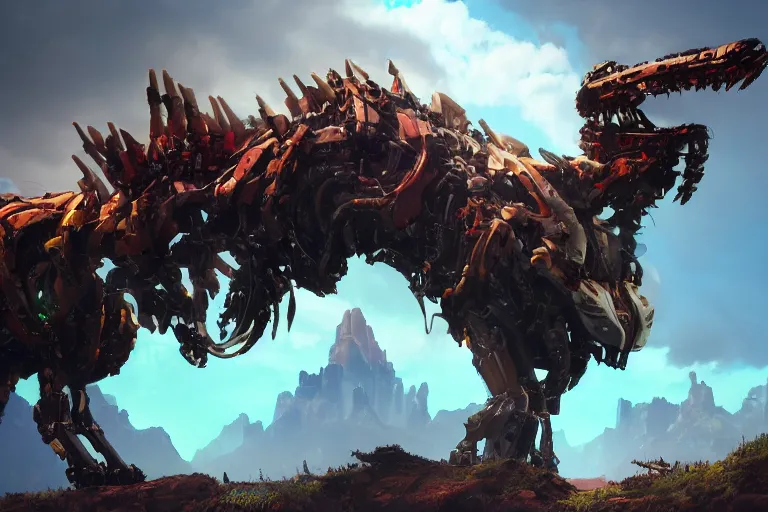 Image similar to grimhorn fanghorn machine mecha animal beast robot of horizon forbidden west horizon zero dawn bioluminiscence global illumination ray tracing hdr fanart arstation by sung choi and eric pfeiffer and gabriel garza and casper konefal