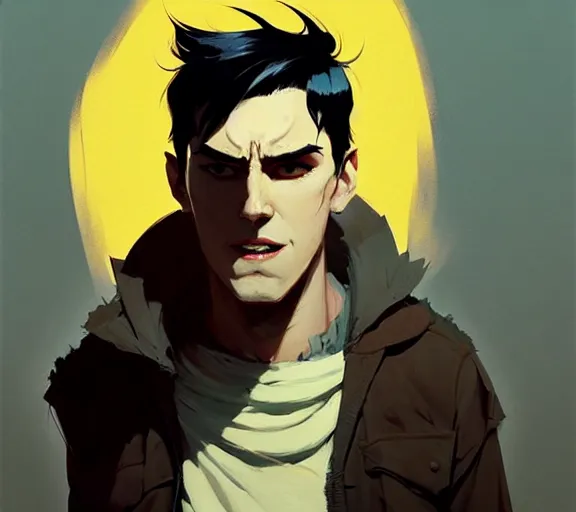 Image similar to portrait man with black hair and yellow eyes, by atey ghailan, by greg rutkowski, by greg tocchini, by james gilleard, by joe fenton, by kaethe butcher, by ashley wood, dynamic lighting, gradient light blue, brown, blonde cream and white color scheme, grunge aesthetic