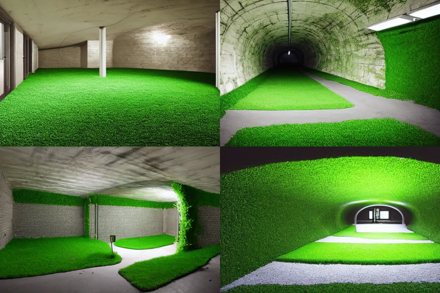 Prompt: photo of a suburban house inside an underground tunnel, fake grass, fake sky, fake windows