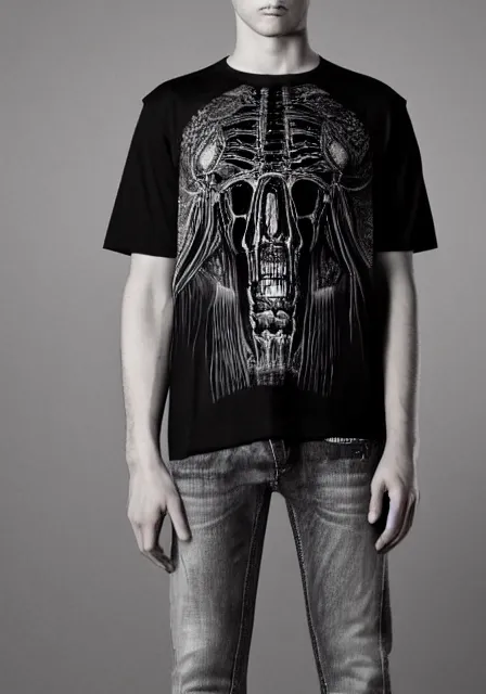 Image similar to henley tshirt inspired by h. r. giger designed by alexander mcqueen