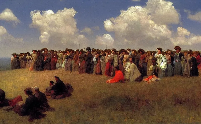 Prompt: high quality high detail painting by ilya repin, a long row of people standing in the clouds, hd