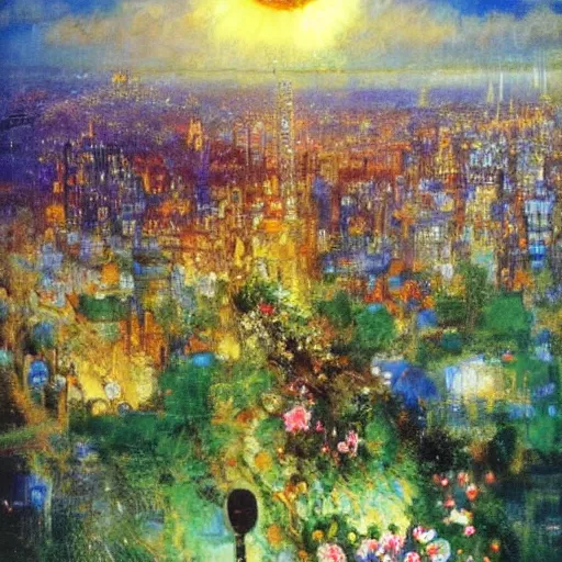 Prompt: a very beautiful eco - friendly environmental future!!! city cityscape, flying cars and elevated!! trains and solar power, lots of plants and flowers, sunrise, style of olidon redon