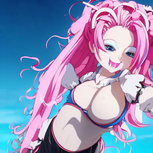 Image similar to omnipotent megalomaniacal anime goddess who looks like junko enoshima with symmetrical perfect face and porcelain skin, pink twintail hair and cyan eyes, looking down upon the viewer and taking control while smiling, mid view from below her feet taken in an extremely low angle, hyperdetailed, digital art, unreal engine 5, 2 d anime style, 8 k