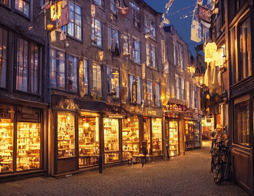 Prompt: close view of a shop in gent belgium at night, peaceful and serene, incredible perspective, soft lighting, anime scenery by makoto shinkai and studio ghibli, very detailed