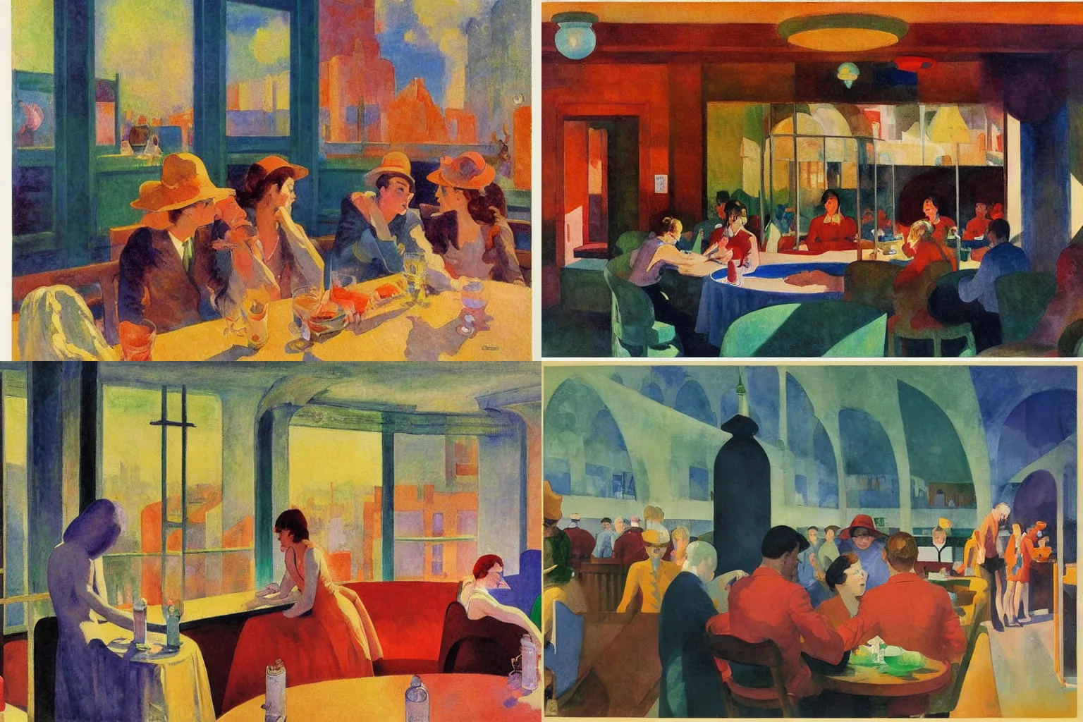 Prompt: impressionist watercolor painting by Claude Monet, surrealist tavern of the ancient gods by Edward Hopper, by Dean Ellis, by Sonia Delaunay, by Jean Giraud, 1942, fisheye lens