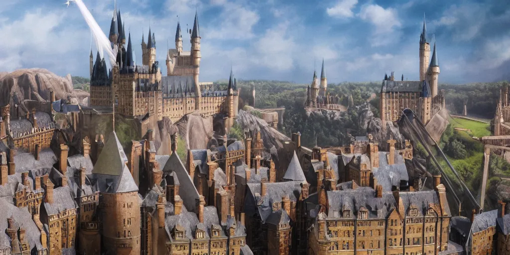 Prompt: The Queen flying on a magic broom over Hogwarts, filmic, hyperrealism, 8K