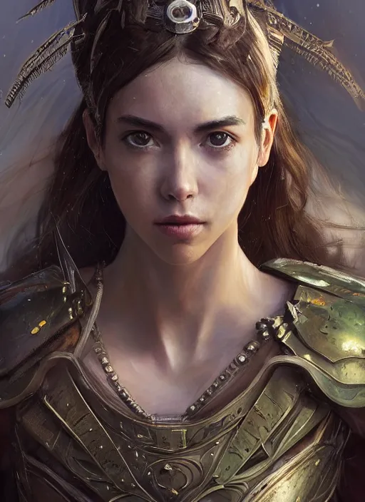 Image similar to a professional portrait of a beautiful young female, clothed in ethereal battle armor, olive skin, long dark hair, beautiful bone structure, symmetrical facial features, intricate, elegant, digital painting, concept art, smooth, sharp focus, finely detailed, illustration, from Valerian and the City of a Thousand Planets, in the style of Ruan Jia and Mandy Jurgens and Artgerm and Greg Rutkowski and William-Adolphe Bouguerea