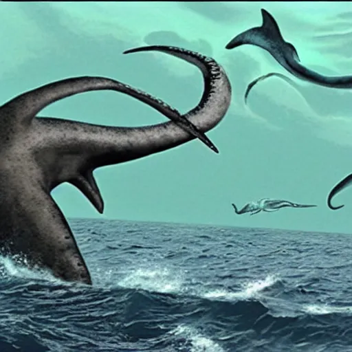 Image similar to deep sea plesiosaurus attacks squid