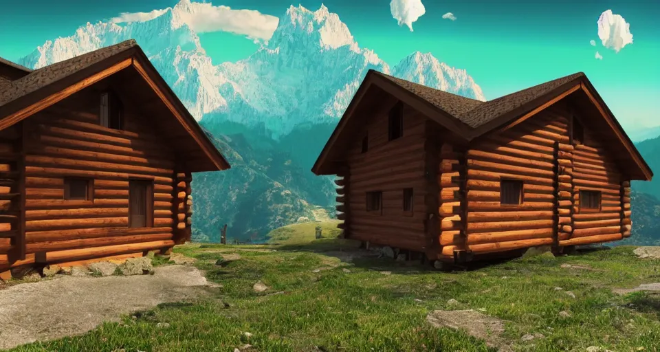 Prompt: log cabin beneath the alps, vaporwave aesthetic, matte painting 4 k