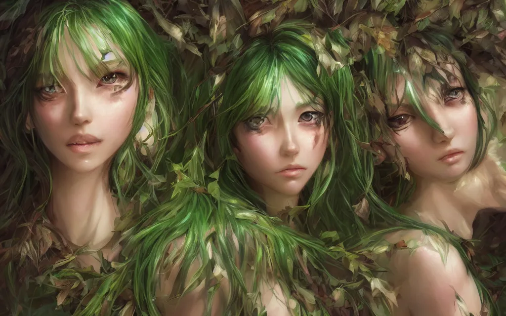 Image similar to A realistic anime portrait of a beautiful dryad twins with glowing green eyes and tree bark skin wearing clothes made of leaves, digital painting, by Stanley Artgerm Lau, Sakimichan, WLOP and Rossdraws, digtial painting, trending on ArtStation, SFW version