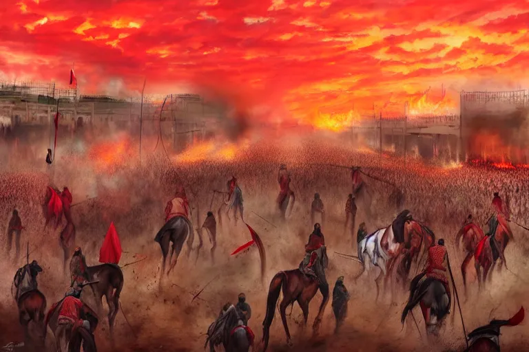 Image similar to karbala battle field, imam hussain, horses and people panicked, red cloudy sky, tents on fire, women running away, photo realistic painting