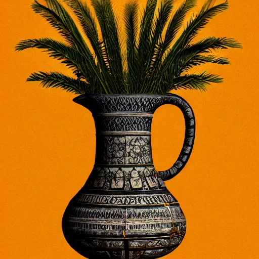 Image similar to still art, antique jug with palms inside, old candle, much vegetables, lemon, orange, pepper, cinematic light, detailed, digital art, concept art, trending on artstation, highly detailed, intricate, sharp focus, digital art, 8 k