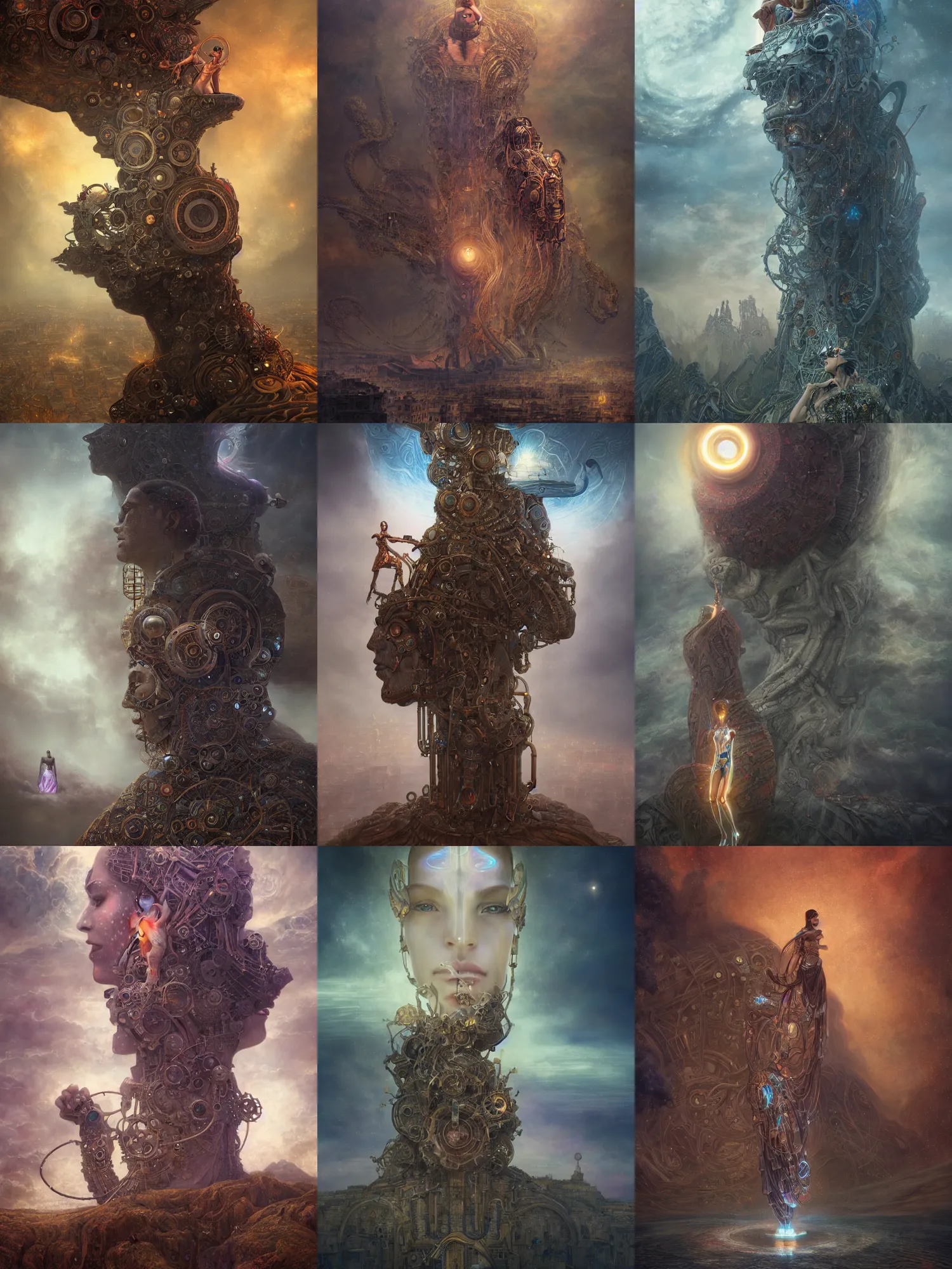 Prompt: epic monumental beautiful portrait of menacing and anxious biomechanical Djinn overseeing the deist mechanical universe by charlie bowater, mandy jurgens, gustav klimt, octane render, iridescent, 4k, 8k, high detail, HDR, by tom bagshaw, powerful, with inspiration from Beksinski