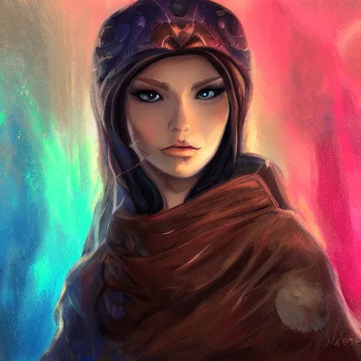 Image similar to portrait of female adventurer, with a cloak, detailed, colorful, Aleriia_V, art station, deviant art, rpg portrait, realistic