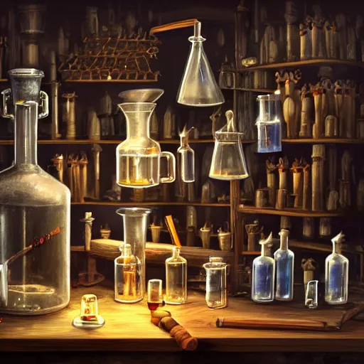 Image similar to A wizard's laboratory, full of beakers and potions, experiment in progress on the table, candles everywhere, dangerous, mysterious, artstation, digital painting, top-rated, award winning, highly detailed, by Justin Peters and Jeszika Le Vye