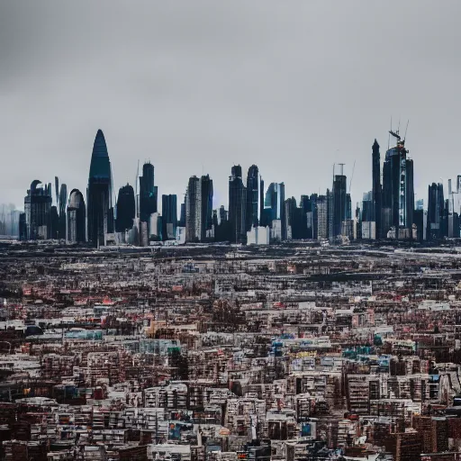 Image similar to Giant megacity looming across the landscape, dystopian, post apocalyptic, EOS-1D, f/1.4, ISO 200, 1/160s, 8K, RAW, unedited, symmetrical balance, in-frame