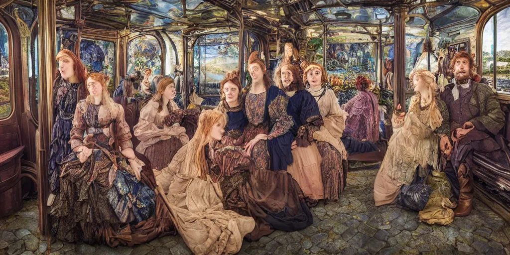 Prompt: incredibly beautiful breathtakingly detailed colour preraphaelite photograph group portrait of a amazingly cool odd characterful people sat down, in the inside of the beautiful underwater train to atlantis, every face amazingly detailed lifelike expressions, full of crowd of people sat down wearing unusual clothes, ultra wide angle, 4 k