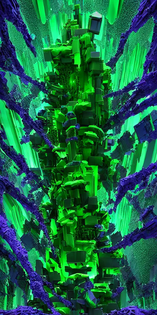 Image similar to 3 d photographic render of a deconstructed asymmetric mandelbulb sculpture, green bioluminescent chrometype, made of liquid purple metal, neotribal with thorns and green thunders, cyberpunk japanese temple, raytraced, hyper realistic, volumetric lightning, 8 k, by zhelong xu, ouchh and and innate studio