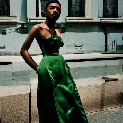 Prompt: realistic photoshoot for a new dior lookbook, color film photography, portrait of a beautiful green haired woman, in style of tyler mitchell, 35mm