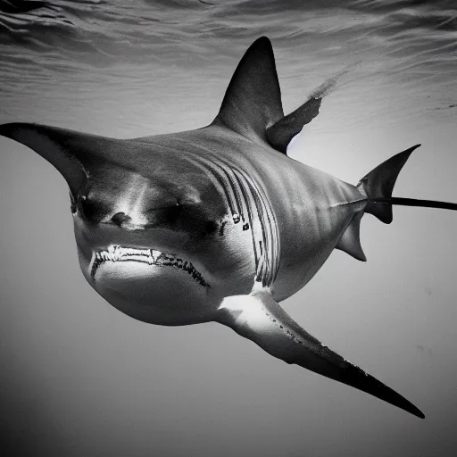 Prompt: underwater shot shark with caustics on skin, black and white