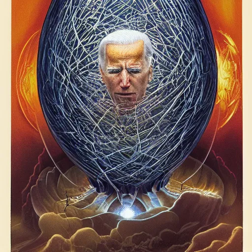 Image similar to portrait of immense, majestic, surreal, terrifying joe biden emerging from the cosmic egg, perfectly clear face, by j. c. leyendecker, alex grey, anato finnstark, bosch, and beksinski