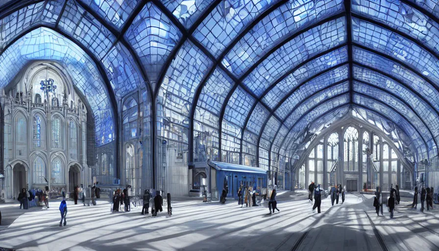 Image similar to futuristic neo - gothic london's church train station with blue windows and giant white dome on top, day, hyperdetailed, artstation, cgsociety, 8 k