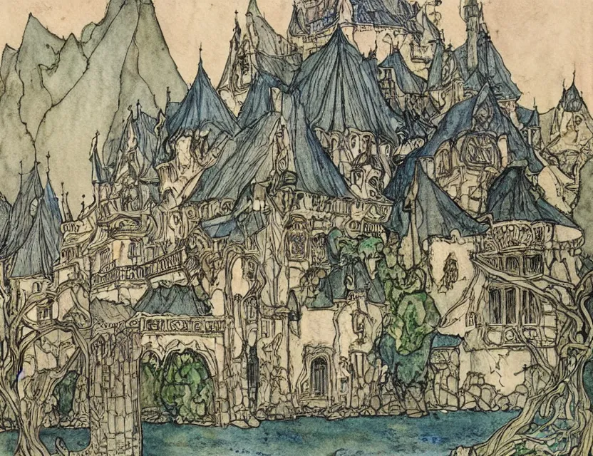 Image similar to a detailed, intricate watercolor and ink illustration with fine lines of the view from the river of an art nouveau castle, by arthur rackham and edmund dulac and lisbeth zwerger