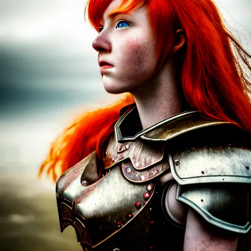 Prompt: north female warrior, red hair, ginger hair, fantasy, high detailed, photography, cloudy, lightweight armor, Scandinavia, plain, Authentic, detailed face, cute face, professional model, professional photographer, masterpiece, 8k, 3D