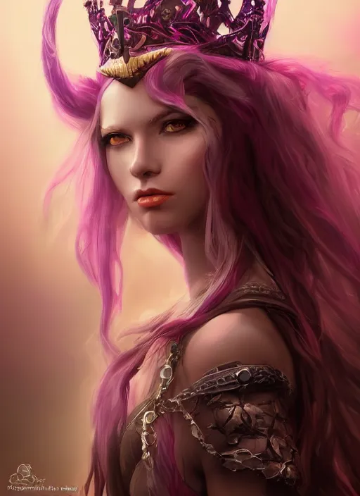 Prompt: mysterious evil princess with long hair and a crown, vivid colors, fantasy, elegant, concept art, sharp focus, beautiful face!!, digital art, Hyper-realistic, 4K, Unreal Engine, Highly Detailed, HD, Dramatic Lighting by Brom, trending on Artstation