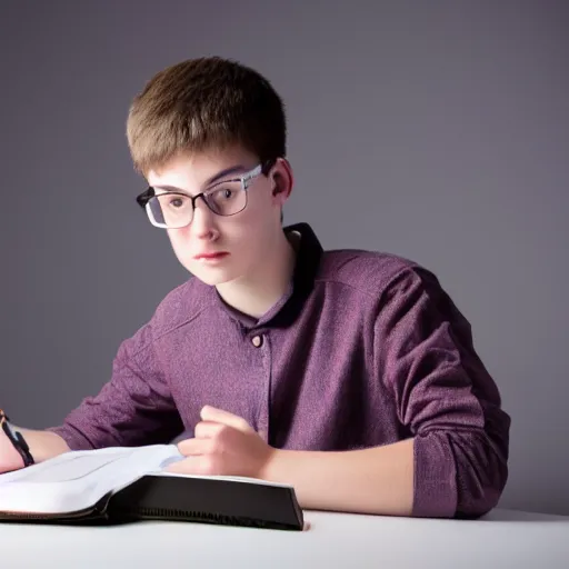 Image similar to a 1 7 years old boy, trying to study for his exams, realistic photo, hyper detailed, studio light