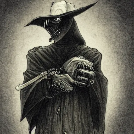 Prompt: a portrait of a plague doctor gunslinger, dark fantasy, horror, western, hell, ultrafine detailed pencil art on paper by frank frazetta and vito acconci and and takeshi obata, death note style, symetric body, cgsociety, sharp focus, detailed face