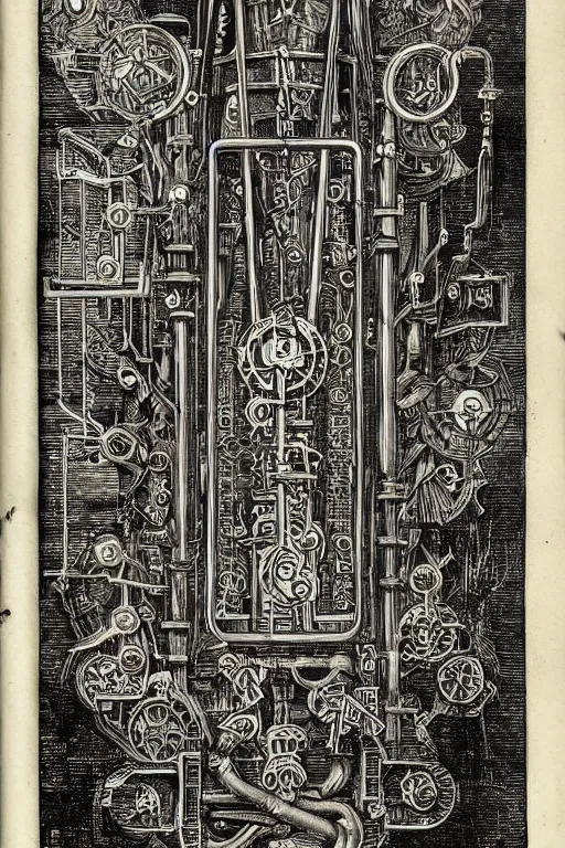 Image similar to warhammmer 4 0 k page of an adepticus mechanicus book on lost technology, page 2 3 : incantation and sigil, gothic industrial diagram, academic art. intricate