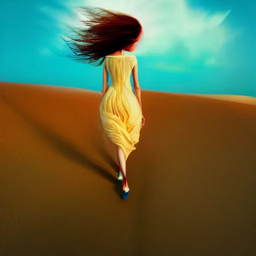 Image similar to closeup giant dahlia flower hair, girl walking between dunes, surreal photography, sunrise, blue sky, dramatic light, impressionist painting, digital painting, artstation, simon stalenhag