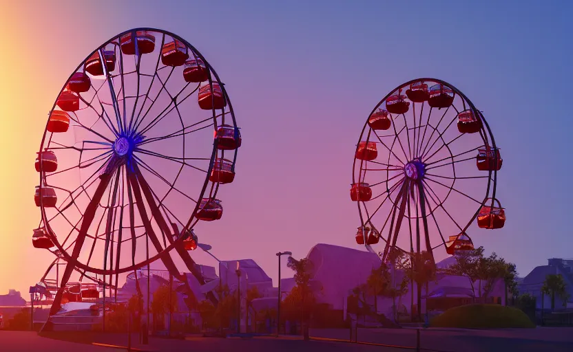 Image similar to one ferris wheel at sunrise, concept art, hyperrealistic, octane render, unreal engine 5, path traced, highly detailed, high quality, 8 k, dramatic lighting, cinematic, high coherence, symmetrical, high contrast, 1 9 8 0 s style, lens flare, godrays