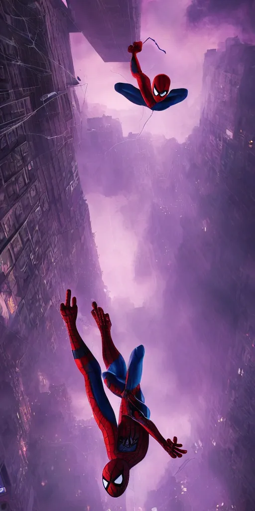 Image similar to Spider Man swinging from webs made of purple fire, dramatic lighting, cinematic, establishing shot, extremely high detail, photo realistic, cinematic lighting, post processed, concept art, artstation, matte painting, style by eddie mendoza, raphael lacoste, alex ross