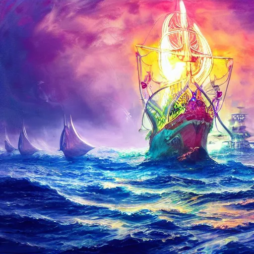 Image similar to mystical ship with kraken pulling it underwater, beautiful composition, wide angle, colorful, cinematic, volumetric lighting, intricate details painting