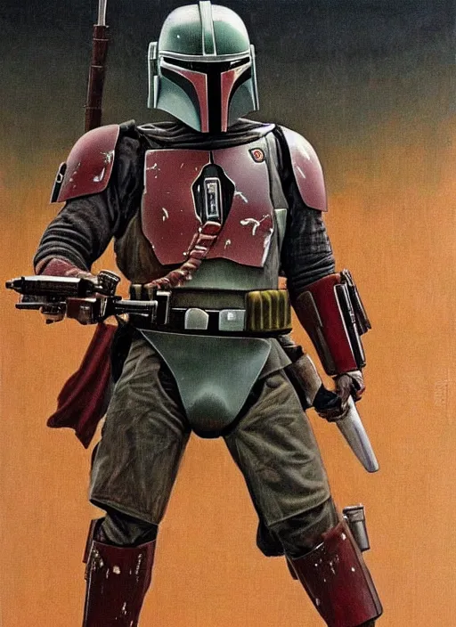 Prompt: boba fett ( mandalorian from star wars ) in a samurai japanese version, very detailed oil painting, dark and realistic, japanese art art