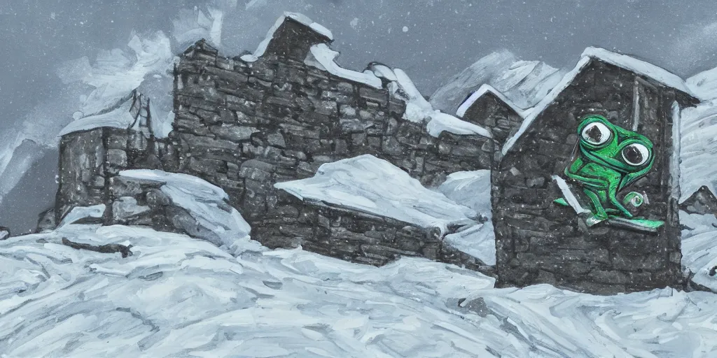 Image similar to pepe the frog snowboarding, gloomy landscape, ruins, painted by christopher radlund