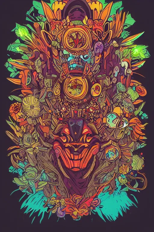 Image similar to animal mask totem roots flower tribal feather gemstone plant wood rock shaman vodoo video game vector cutout illustration vivid multicolor borderlands comics by josan gonzales and dan mumford radiating a glowing aura