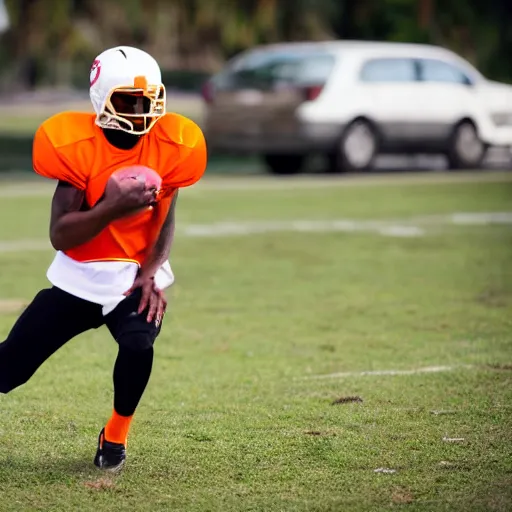 Image similar to a wideshot photo of an ibis playing american football, wearing orange and green colored jersey, with a gold chain on it's neck