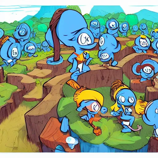 Prompt: the smurf village, artwork by skottie young