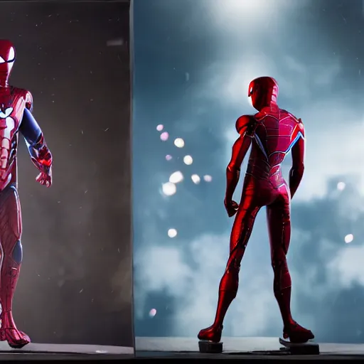 Image similar to a single iron man and spider - man hybrid, dslr, polaroid, cinematic, volumetric lighting