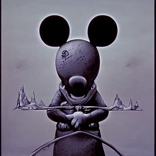 Prompt: Mickey mouse as a dark souls boss by zdzisław beksiński