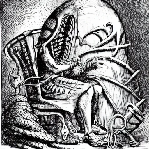 Image similar to one, two! one, two! and through and through the vorpal blade went snicker - snack! he left it dead, and with its head he went galumphing back | by lewis carroll and hp lovecraft with doctor seuss and hr giger