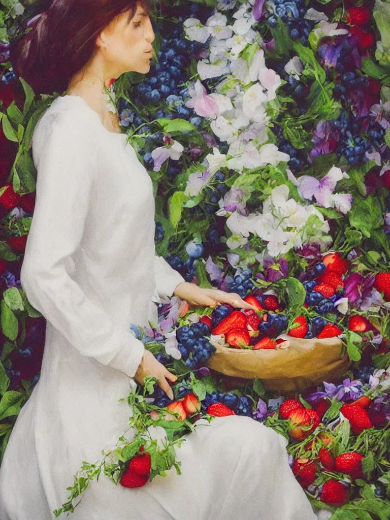 Image similar to “organic, portrait of a woman wearing white silk, neoexpressionist, eating luscious fresh raspberries and strawberries and blueberries, edible flowers”