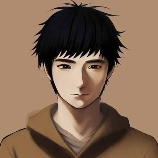 Image similar to anime portrait of a man by mahiro maeda, he is about 3 0 years old, short black hair with bangs, his features are a mix between french, turkish and russian and he is wearing a beige and black utility jumpsuit, highly detailed portrait, digital painting, artstation, concept art, smooth, sharp foccus ilustration, artstation hq