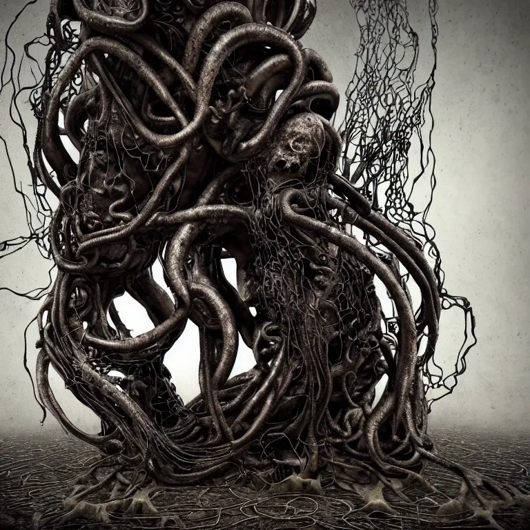 Prompt: portrait of abandoned sculpture of two kissing cyborgs, covered with tentacles, roots, wires, tubes, baroque painting, standing in a desolate empty wasteland, creepy, nightmare, dream-like heavy atmosphere, dark fog, surreal abandoned buildings, baroque painting, beautiful detailed intricate insanely detailed octane render trending on Artstation, 8K artistic photography, photorealistic, volumetric cinematic light, chiaroscuro, Raphael, Caravaggio, Beksinski, Giger
