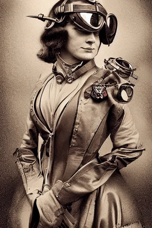 Prompt: futuristic victorian woman aviator, retrofuturism, beautiful, highly detailed, sepia with red accents