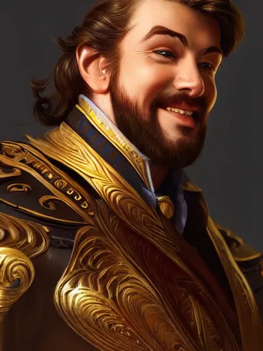 Image similar to a noble man smiling with flirty eyes. crossed arms, sitting in his chair. intricate, elegant, highly detailed, digital painting, artstation, concept art, sharp focus, illustration, by justin gerard and artgerm, 8 k