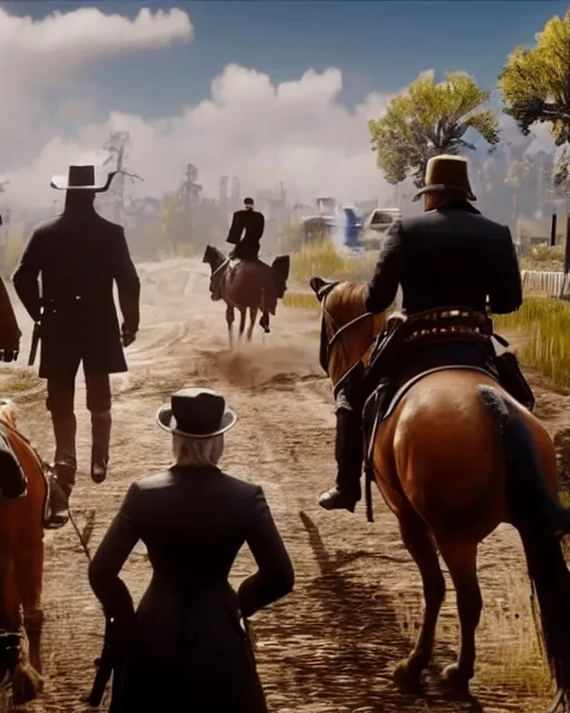 Prompt: Donald Trump, Joe Biden and Hillary Clinton in RDR2. They are robbing a stagecoach as a team. Alex Jones is riding the stagecoach. gameplay screenshot. Ultra Realistic graphics. Unreal Engine 5.